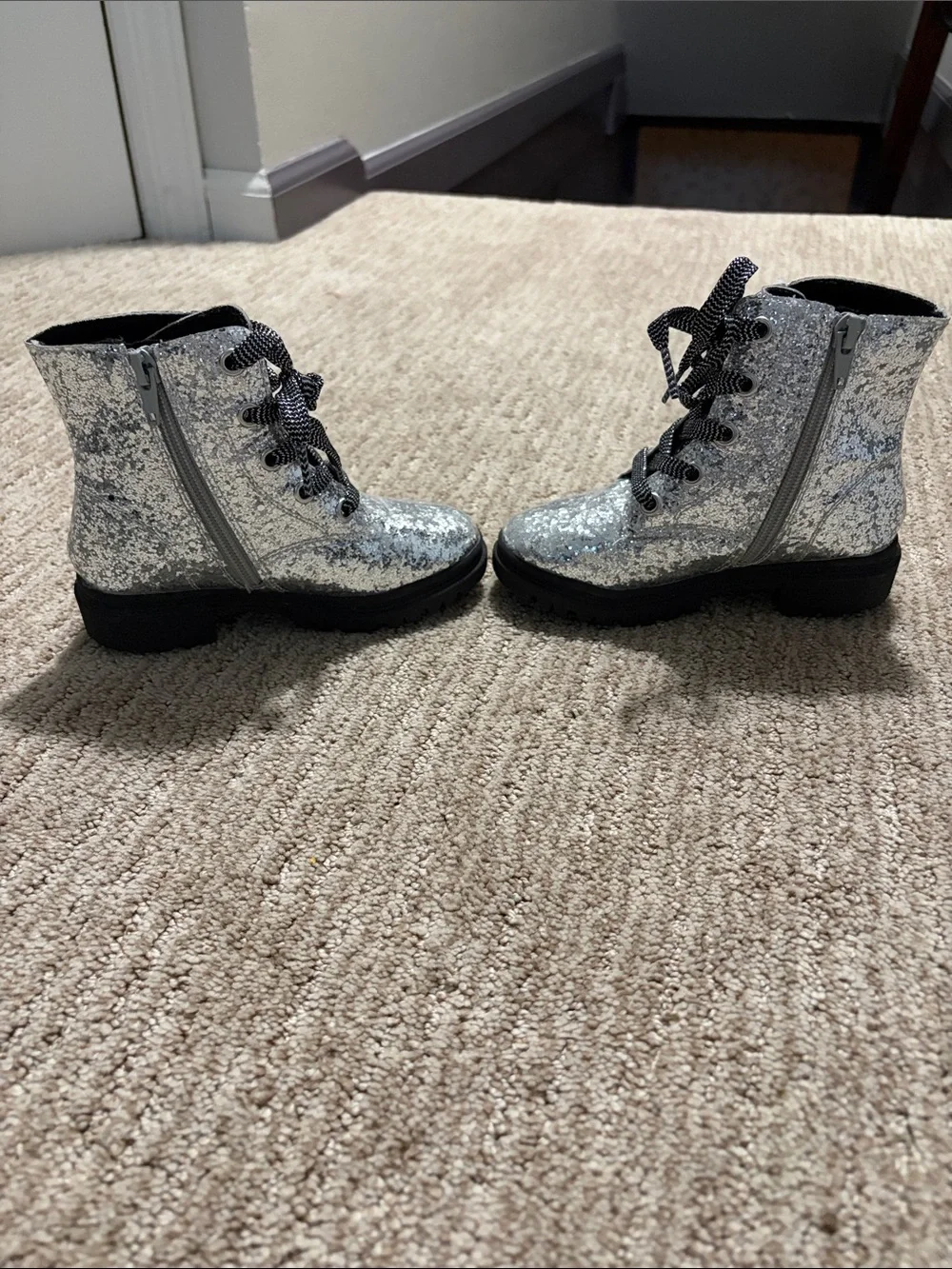Girls' Jumping Beans Shimmer Silver Lace-Up Ankle Boots